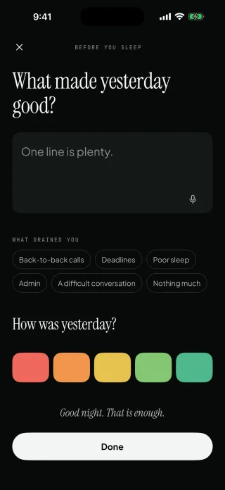 The evening check-in in dark mode, asking what made yesterday good.