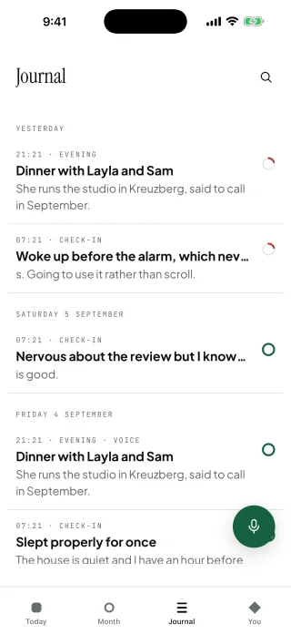 The journal list grouped by day, each entry with its time and a ring.