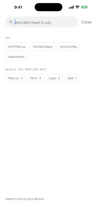 Search, with the question who did I meet in July typed in, and the people mentioned most below.
